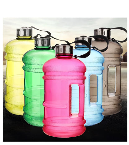2-litre sports bottle with dumbbell shape in multiple colours including fuchsia, blue, pink, black, green, yellow