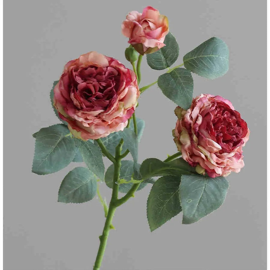 Three-head artificial silk rose flower arrangement with baked edge petals in six colour options