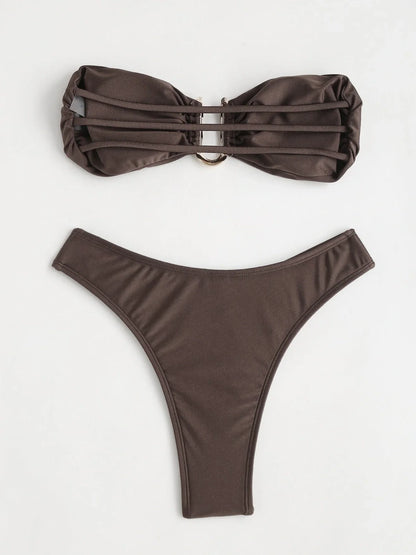 Brown women's U-shape V-neck bikini swimsuit with quick-dry nylon fabric