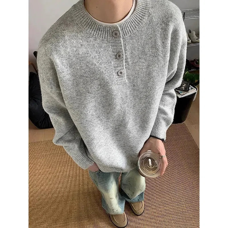 Men's loose fit long sleeve polyester knit sweater pullover in light gray, dark gray, or black, sizes M to XXXL
