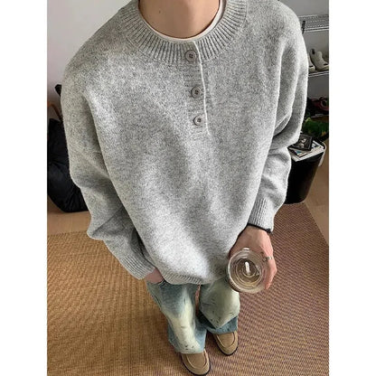 Men's loose fit long sleeve polyester knit sweater pullover in light gray, dark gray, or black, sizes M to XXXL