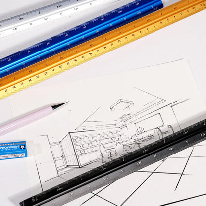 30cm triangular ruler in carbon black, prism blue, star silver or walnut gold, plastic or aluminium alloy, large or small scale