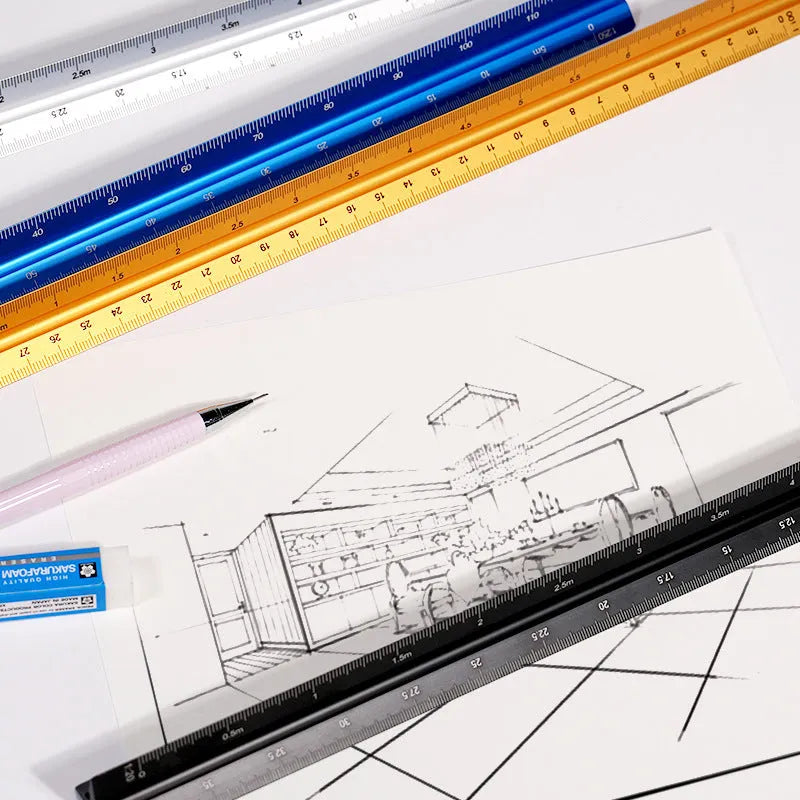 Aluminium Alloy Triangular Ruler 30cm Scale Measuring Tool for Design and Drawing, Decoration, Architect Drafting, Available in Carbon Black, Prism Blue, Star Silver and Walnut Gold, Large and Small Scale Options