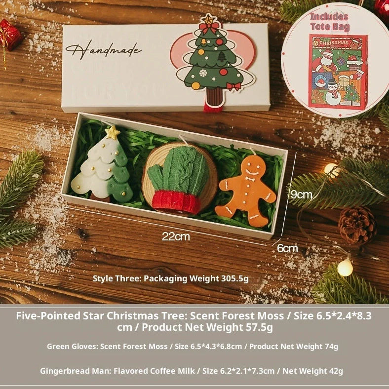 Handmade Christmas scented candle gift set with 9 designs, wooden display pad, and handbag