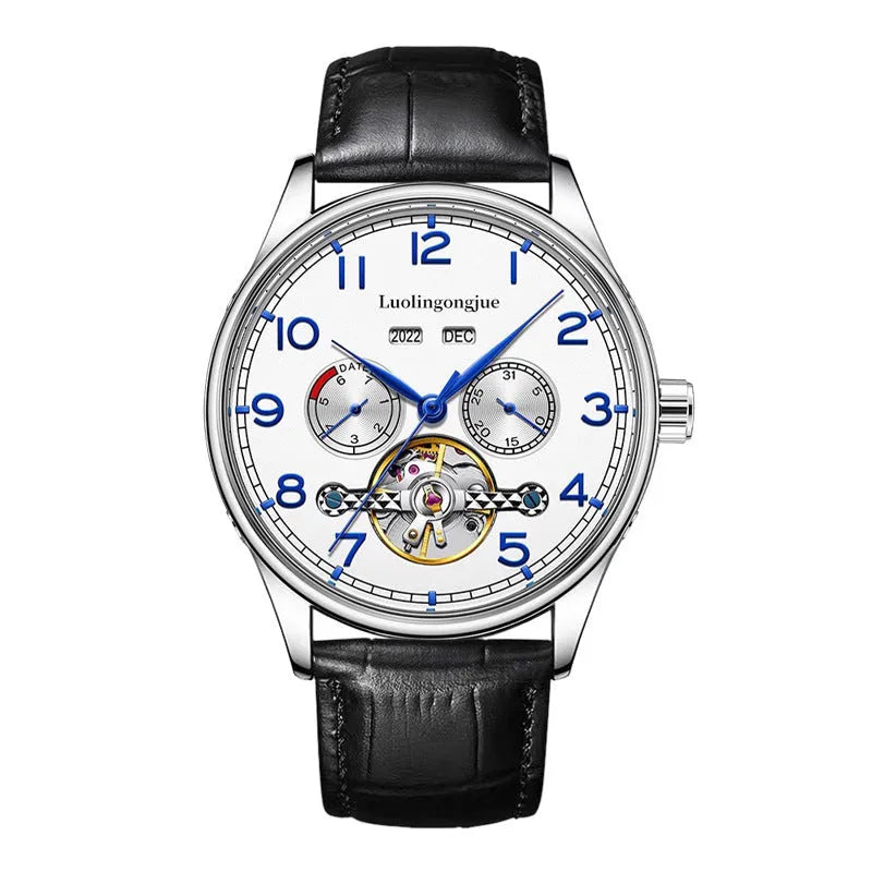 Men's stainless steel mechanical watch with sapphire crystal glass and leather strap showing transparent caseback