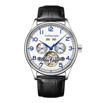 Men's stainless steel mechanical watch with sapphire crystal glass and leather strap showing transparent caseback