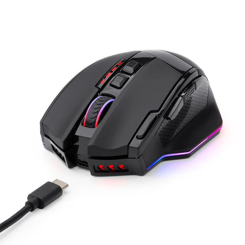 Wireless dual mode gaming mouse with 2.4GHz connection, 5600 DPI optical sensor, 9 programmable buttons and ergonomic design for comfortable right-handed gaming in black