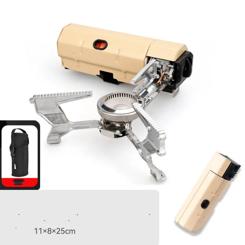 Green folding camping gas stove with serrated pot bracket, showing 25cm size next to butane canister