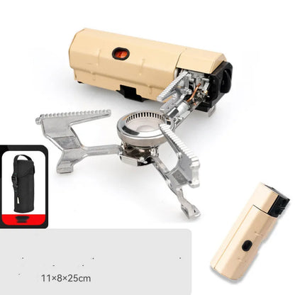 Green folding camping gas stove with serrated pot bracket, showing 25cm size next to butane canister