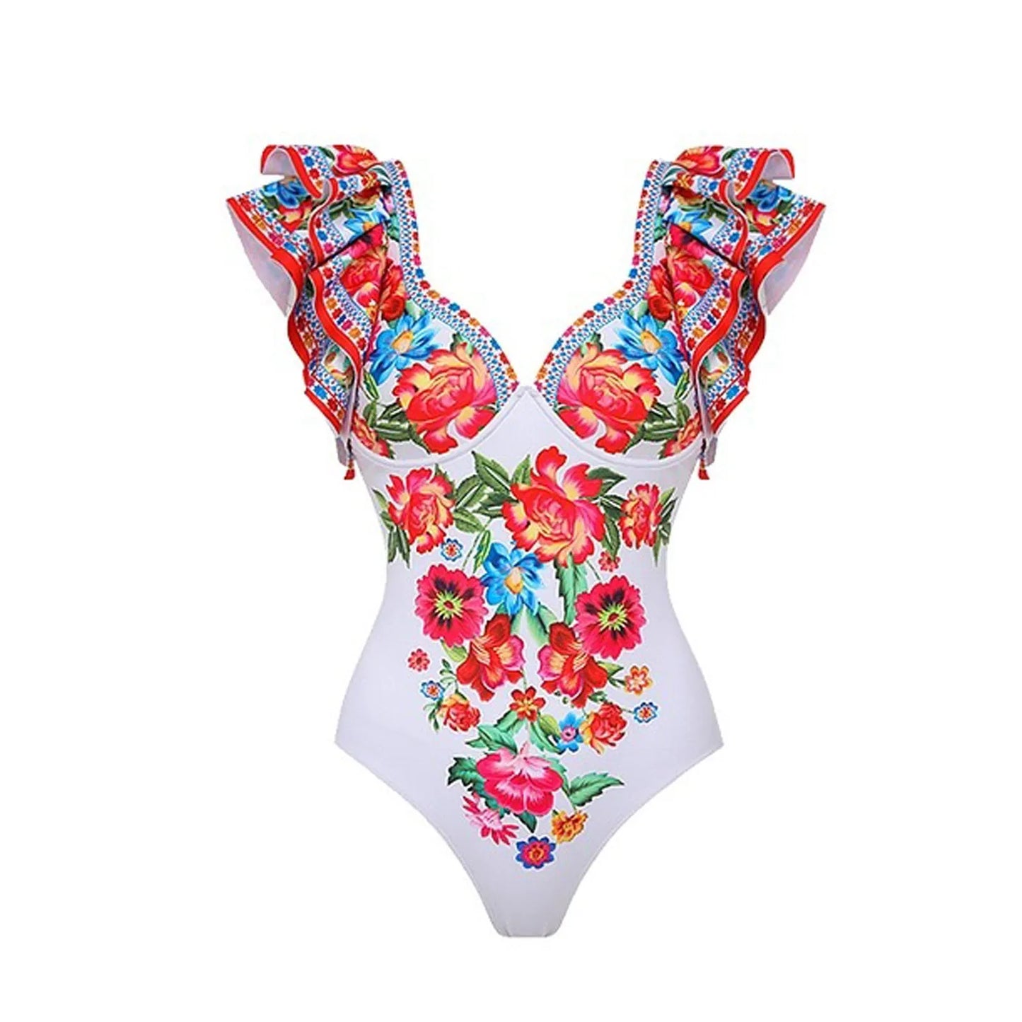 Women's printed one-piece swimsuit in rose pink on a mannequin.
