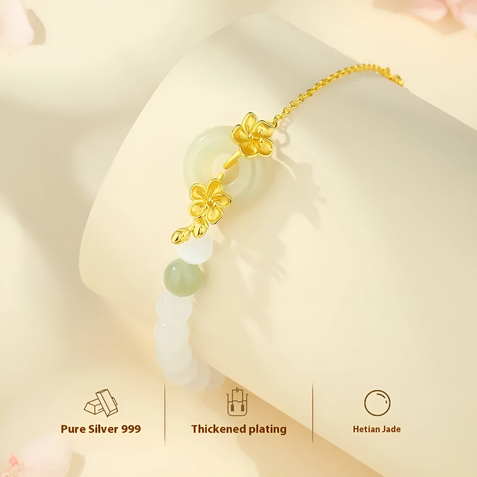 Pure silver peach blossom bracelet with safety buckle closure in new Chinese style design