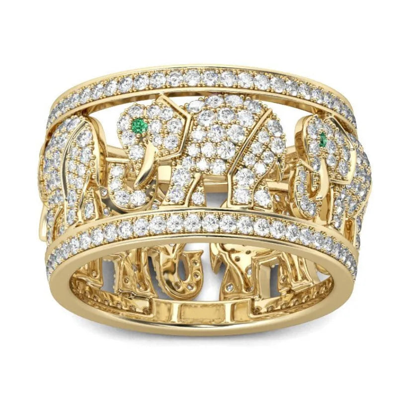 Close-up of a creative diamond set elephant design ring on a finger, showing alloy and electroplated finish.