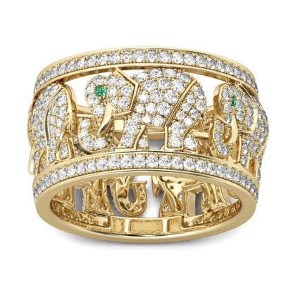 Close-up of a creative diamond set elephant design ring on a finger, showing alloy and electroplated finish.
