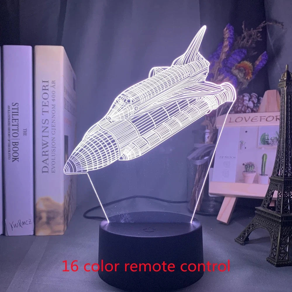 Custom 3D aeroplane hologram night light with personalised name, showing optical acrylic panel and ABS base