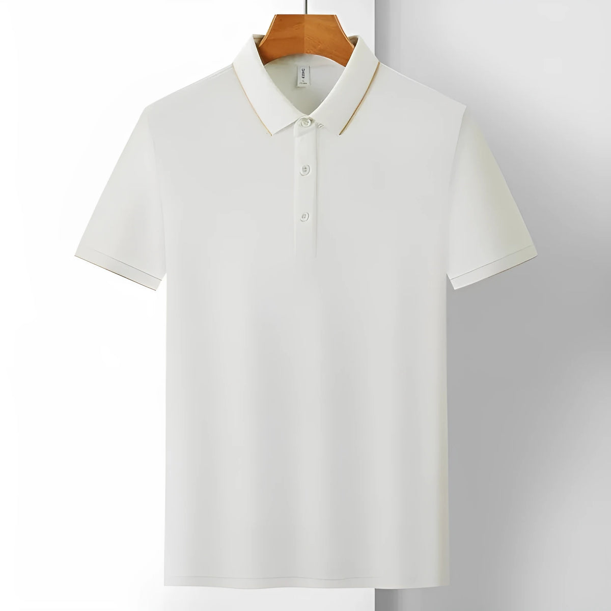 Man wearing a light apricot coloured lapel collar work shirt with short sleeves.