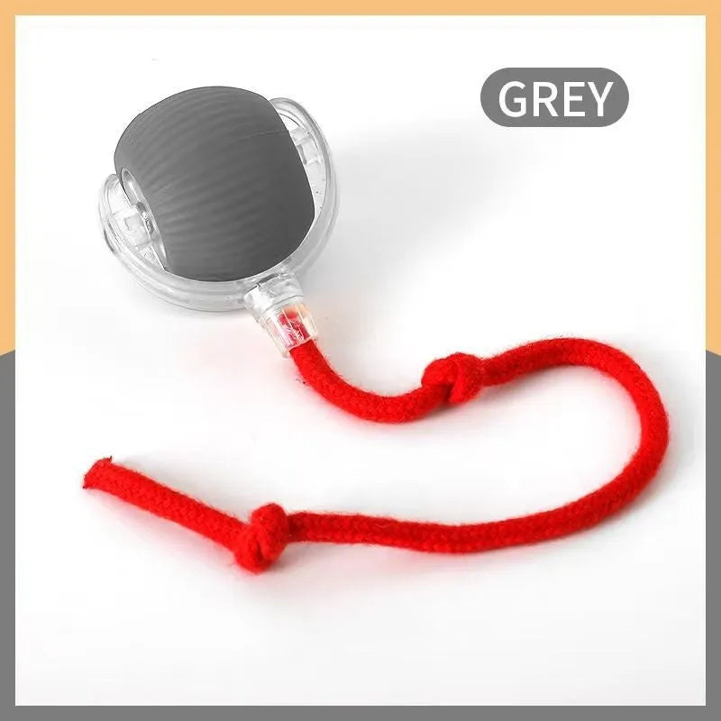 Silicone rolling ball cat toy showing red, green, and grey colour options with self-hi motion mechanism