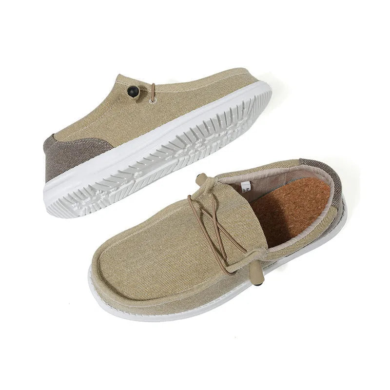 Green and orange men's canvas casual shoes with a coloured mosaic spliced pattern and round toe.