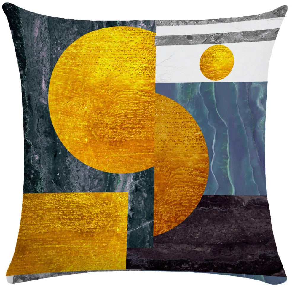 Geometric pattern throw pillow on office sofa showing 45x45cm size with ultra-flexible printing