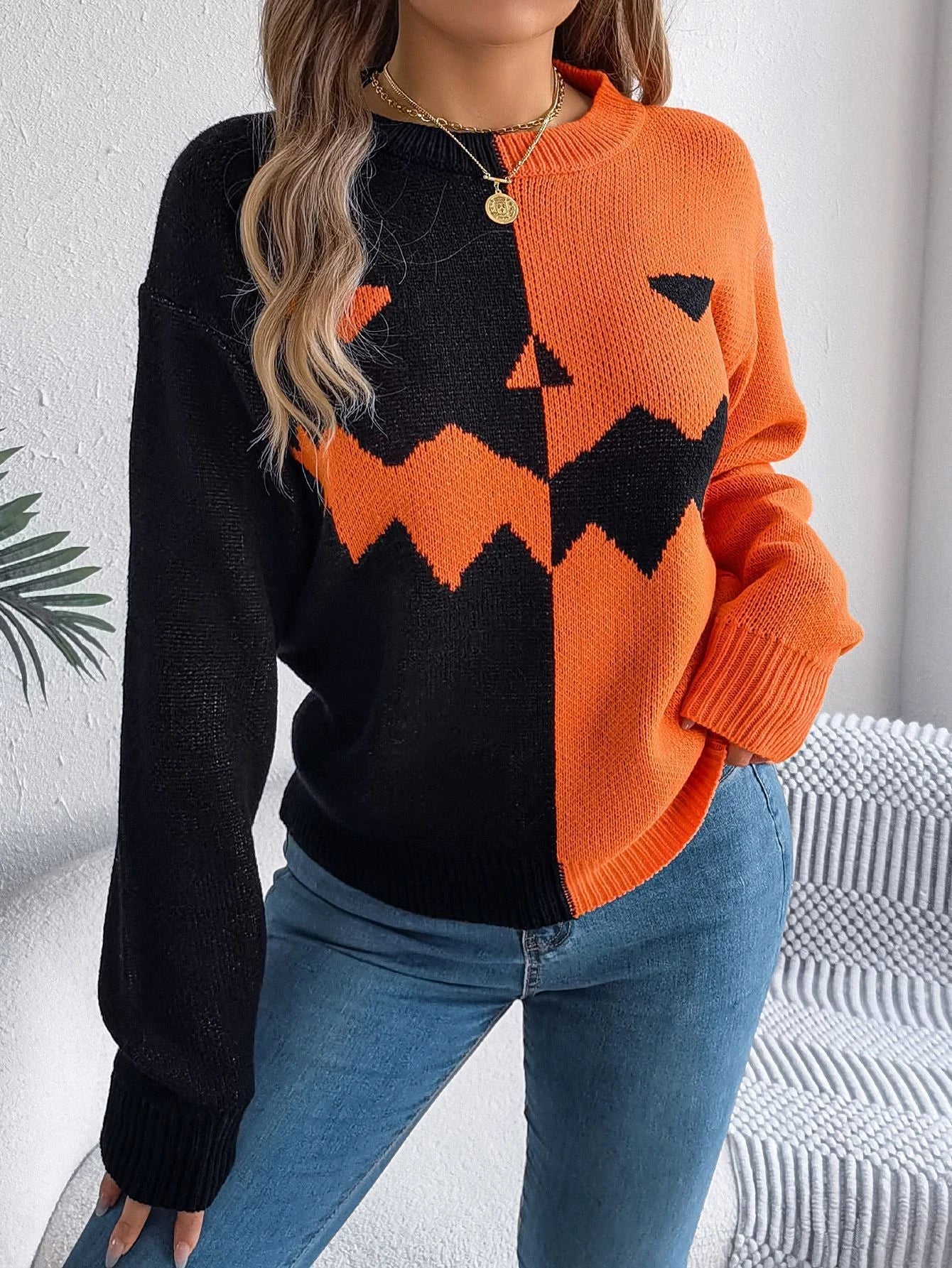 Spooky and stylish Halloween pullover sweater with ghost pattern design in various colors