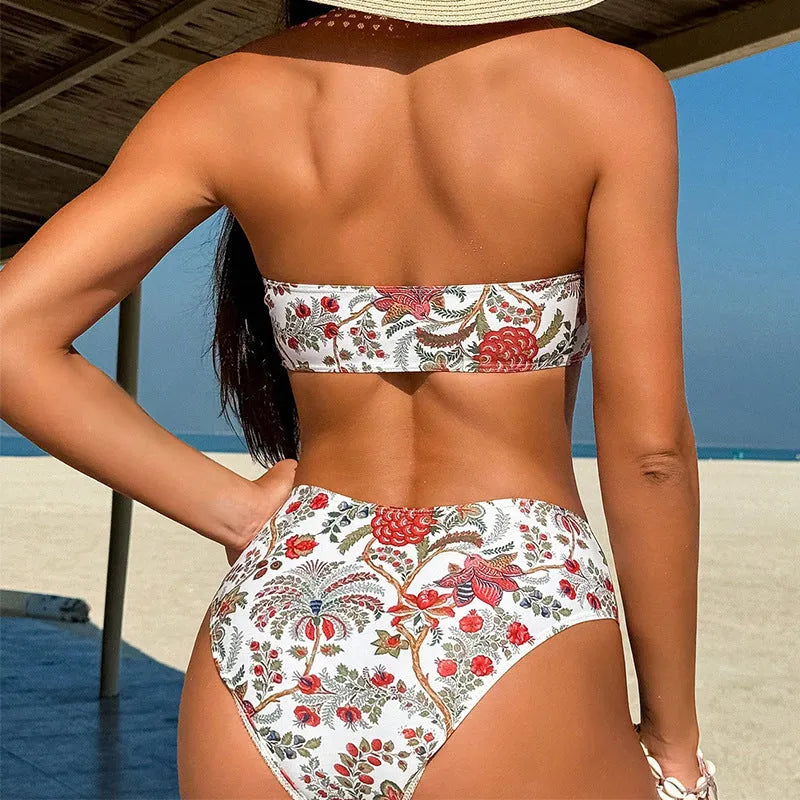 Women's printed bandeau swimsuit set with triangle top and matching shorts for swimming