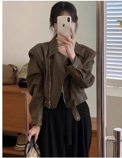 Women's brown retro slim fit leather coat jacket with pocket and regular sleeves