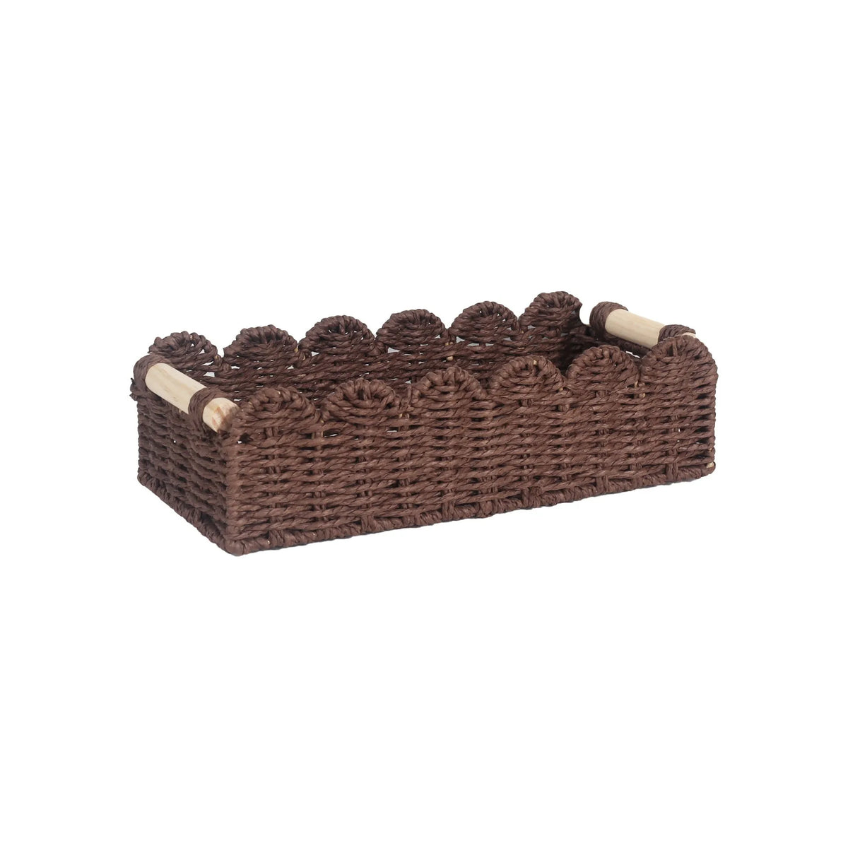 Woven paper storage basket in khaki colour, dimensions 35.5x16x10cm, on a desktop with remote controls and stationery