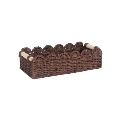 Woven paper storage basket in khaki colour, dimensions 35.5x16x10cm, on a desktop with remote controls and stationery