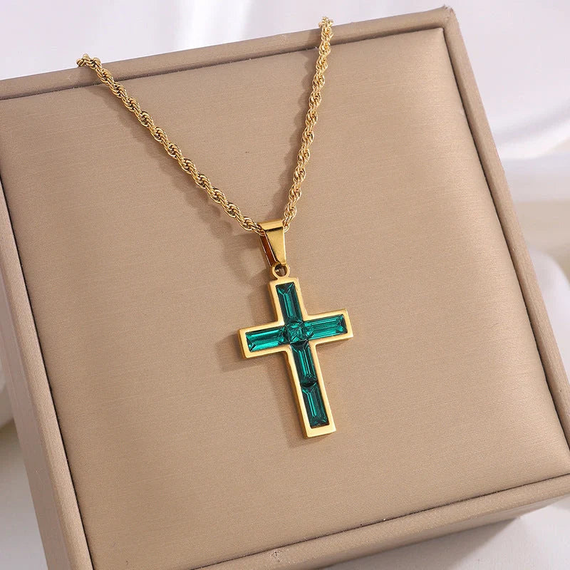 Elegant European and American-inspired diamond cross necklace with unique geometric design and vibrant, fade-resistant finish