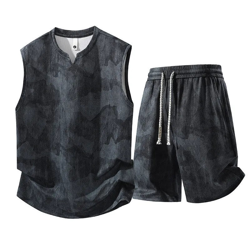 Sleeveless vest and fifth pants two-piece suit in extended sizes with quick-drying hemp fabric
