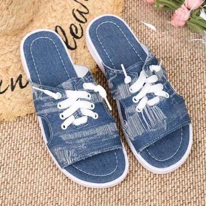 Blue Roman style flat canvas slippers with rubber soles for women in various sizes