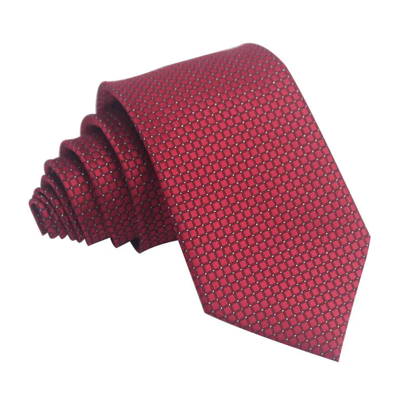 Close-up of a red and black striped men's business tie with a textured Jacquard weave, showing the 8cm width and arrow point shape.