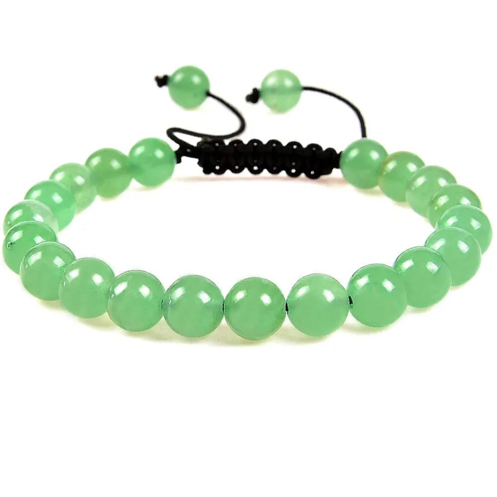 Women's flat knot braided healing bracelet hand-woven with natural gemstone beads in geometric pattern