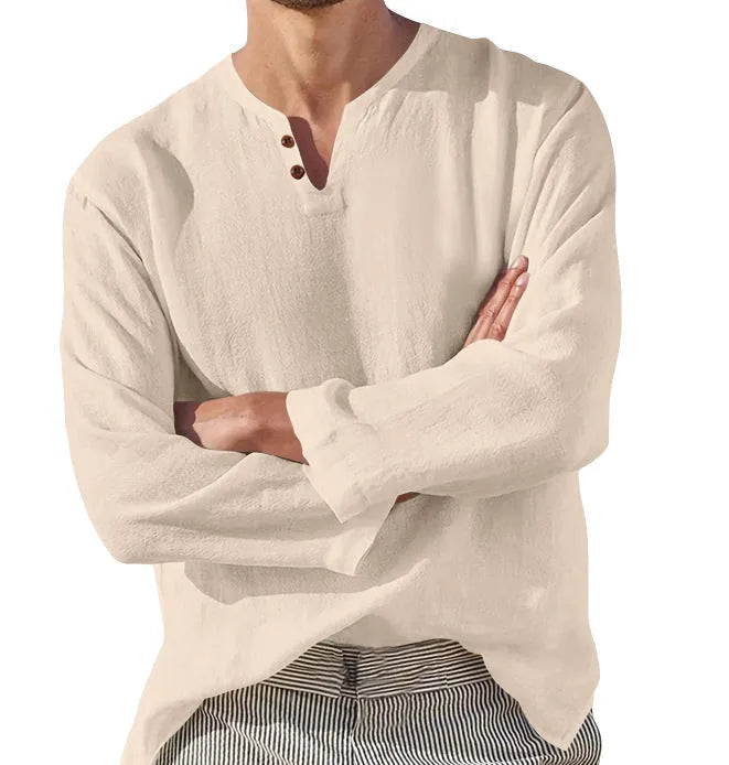 Men's cotton blend long sleeve V-neck casual shirt in blue, grey, black or apricot, sizes L to 5XL