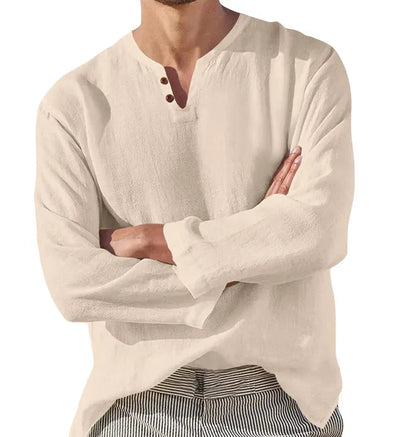 Men's cotton blend long sleeve V-neck casual shirt in blue, grey, black or apricot, sizes L to 5XL