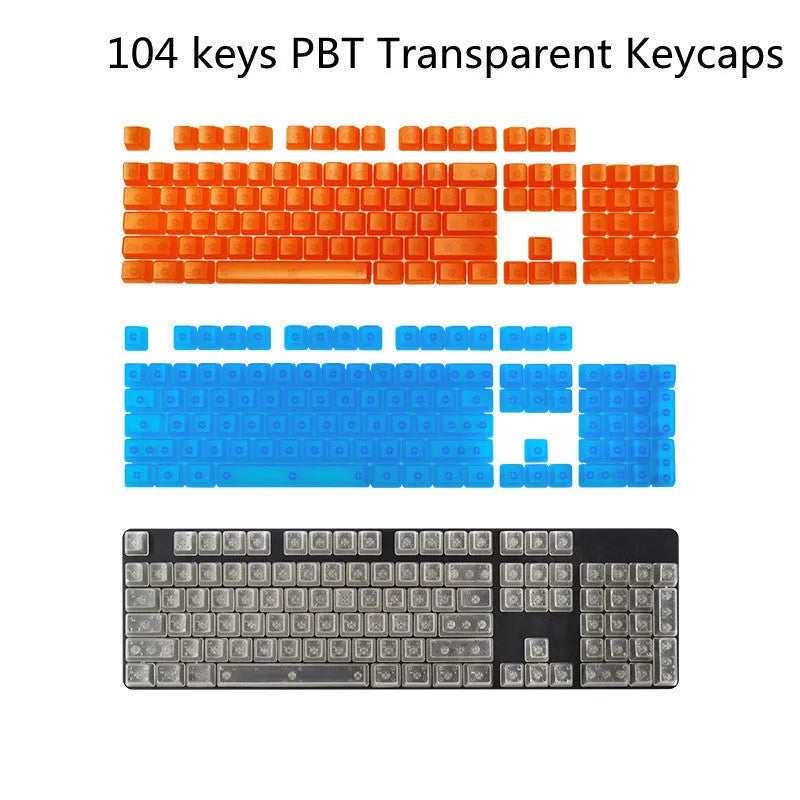 Set of 104 transparent PBT mechanical keyboard keycaps in orange, white, blue, and black colours on a black background.