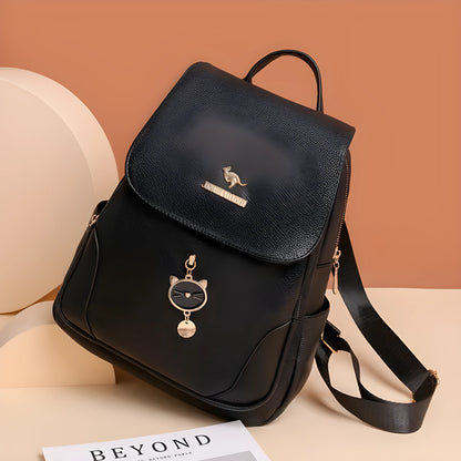 Women's black leather backpack with three-dimensional pockets and street trend design