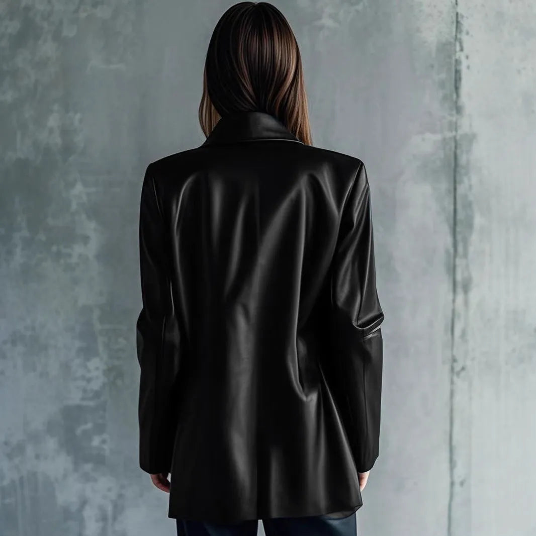 Women's black leather-look polyester jacket with long sleeves and medium length