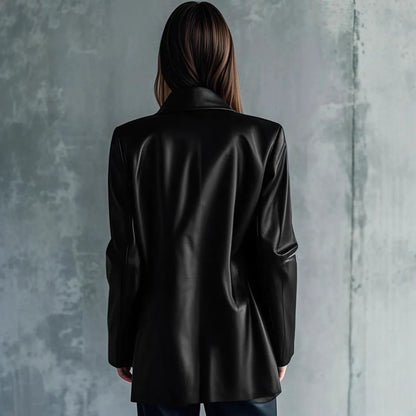 Women's black leather-look polyester jacket with long sleeves and medium length