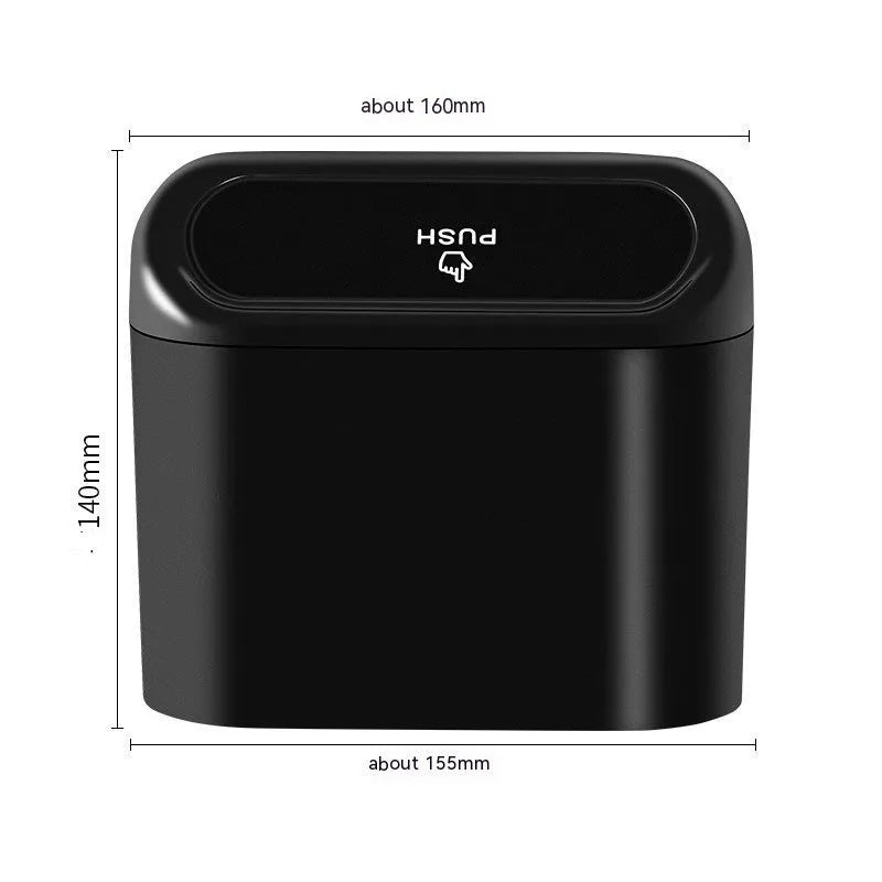 Black folding car trash can with handle mounted on vehicle seat