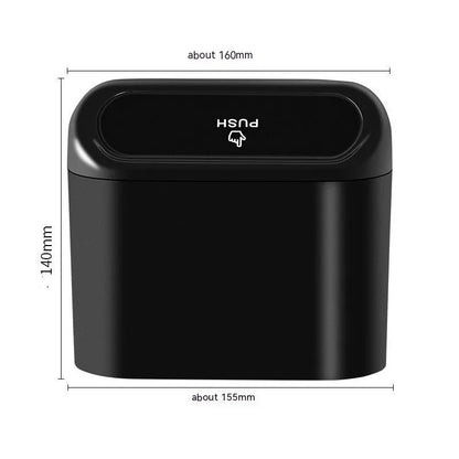 Black folding car trash can with handle mounted on vehicle seat