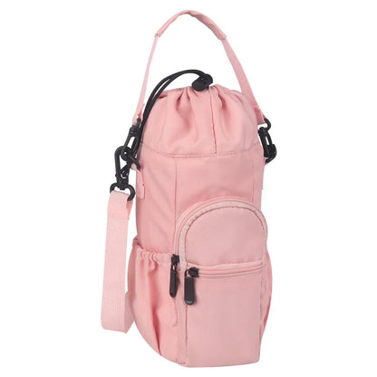 Black cloth crossbody water bottle pouch bag holding a reusable flask.