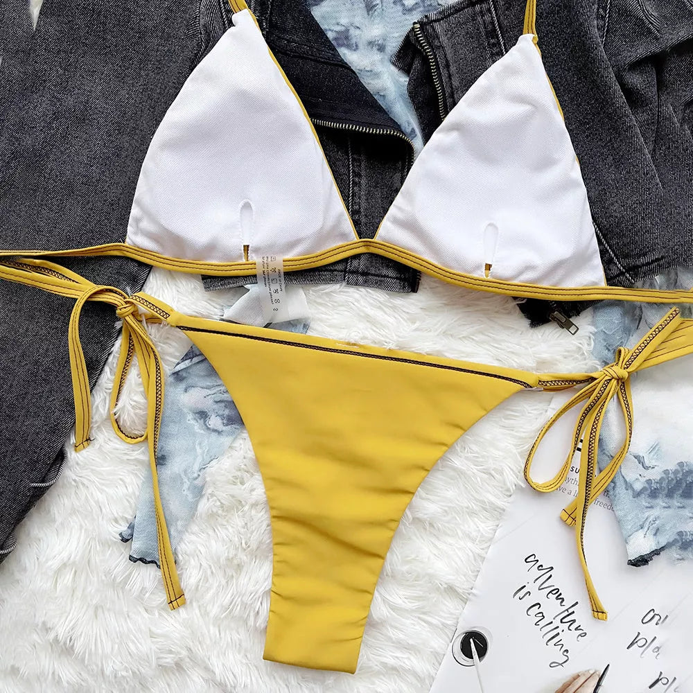 Women's yellow triangle strap swimsuit with adjustable straps for a perfect fit