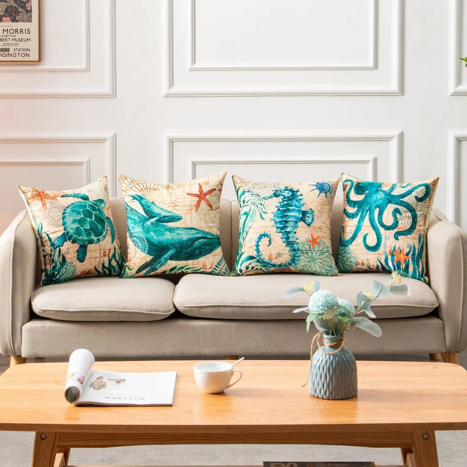 Colorful throw pillow covers featuring vibrant sea creature designs like turtles, octopuses, and seahorses printed on soft, durable linen fabric