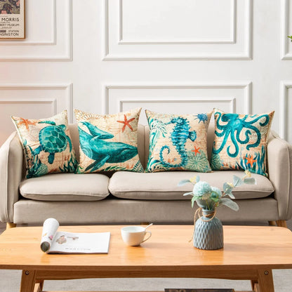 Colorful throw pillow covers featuring vibrant sea creature designs like turtles, octopuses, and seahorses printed on soft, durable linen fabric