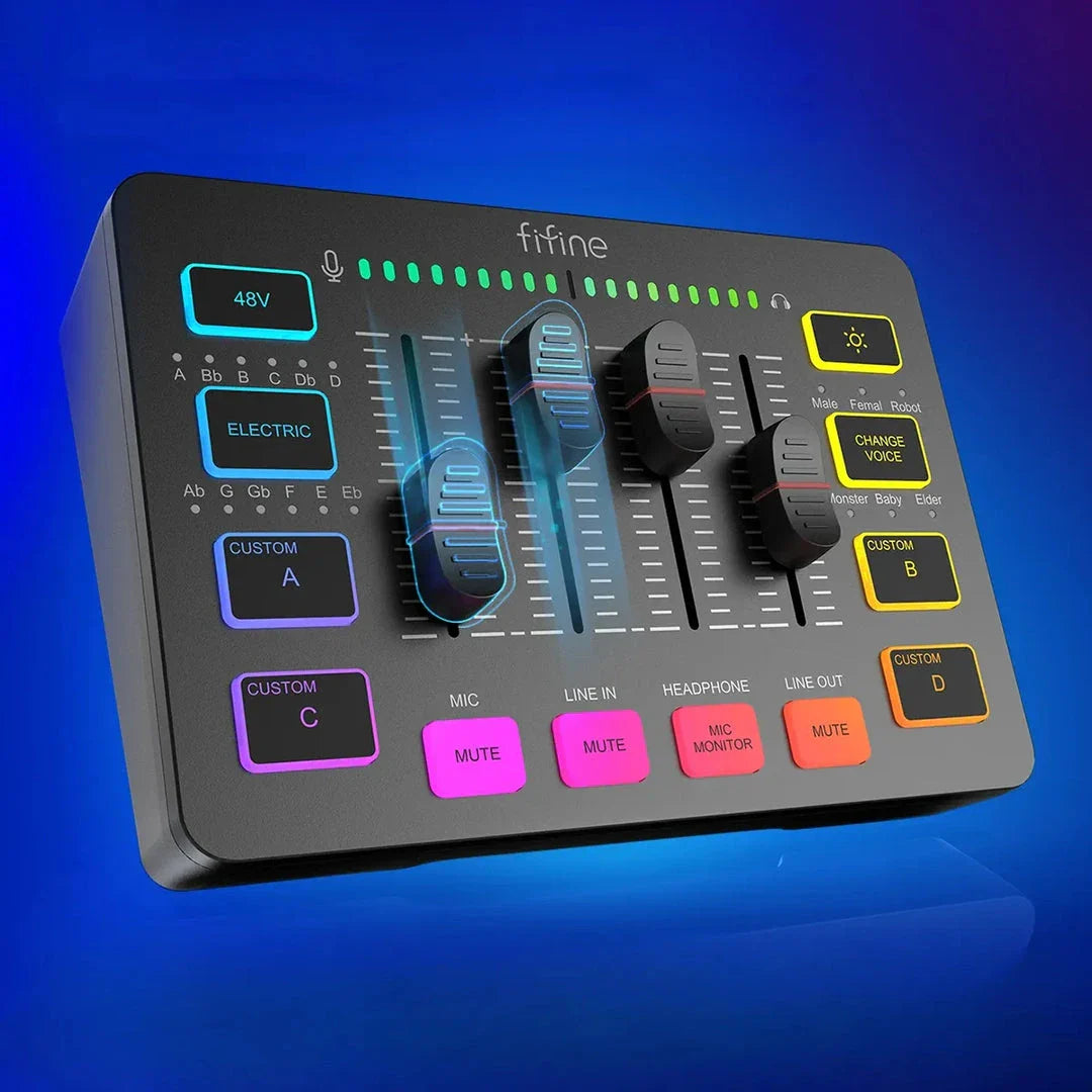FIFINE Gaming Audio Mixer with 4 channels, XLR microphone support, and vibrant RGB lighting