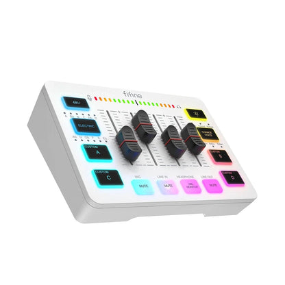 FIFINE Gaming Audio Mixer with 4 channels, XLR microphone support, and vibrant RGB lighting