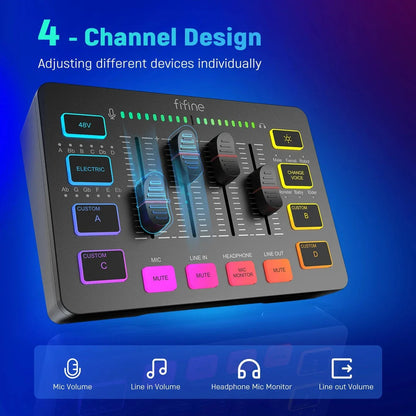 FIFINE Gaming Audio Mixer with 4 channels, XLR microphone support, and vibrant RGB lighting