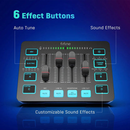 FIFINE Gaming Audio Mixer with 4 channels, XLR microphone support, and vibrant RGB lighting