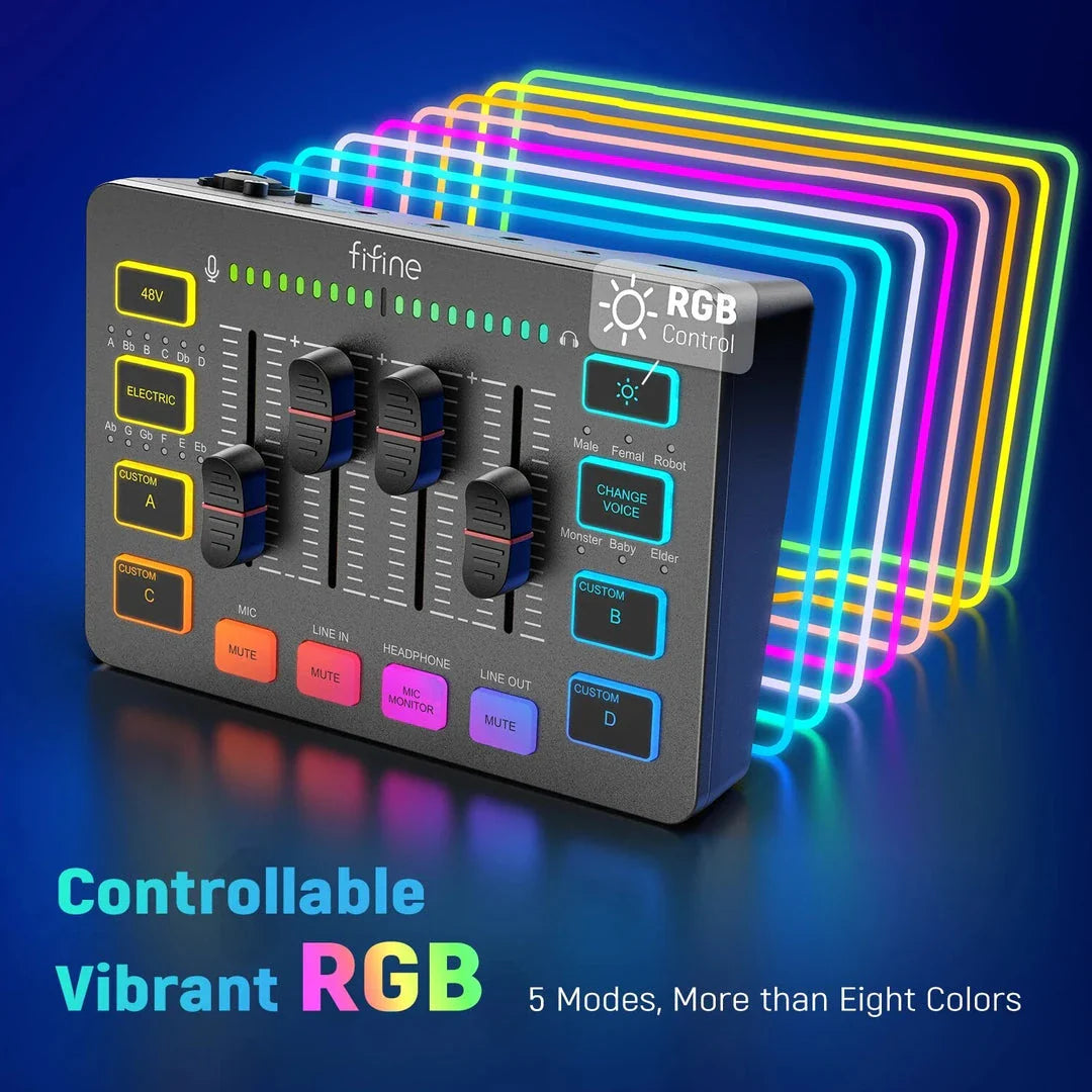 FIFINE Gaming Audio Mixer with 4 channels, XLR microphone support, and vibrant RGB lighting