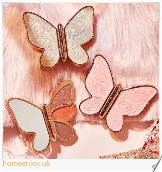 Butterfly-shaped eyeshadow palette with matte and glitter finishes in shades of chocolate, crimson, purple, and more